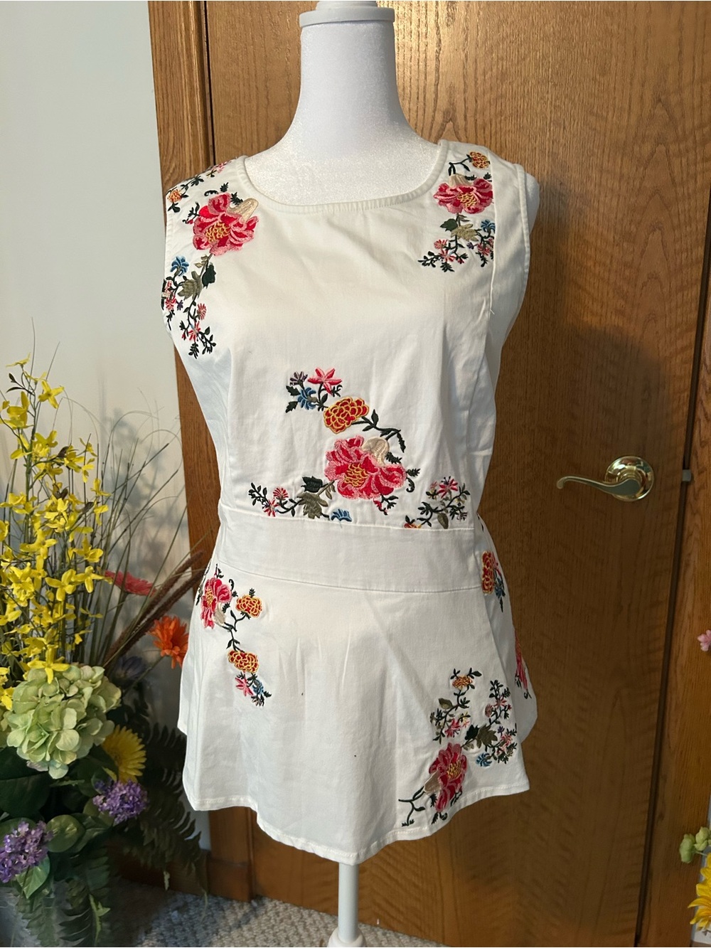 Sundance White Cotton Top with Pink & Green Floral Embroidery